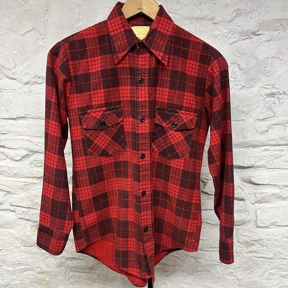 Sears Perma Prest Flannel Shirt Mens Small Red Plaid Grunge Work Vintage 60s 70s - Picture 1 of 8